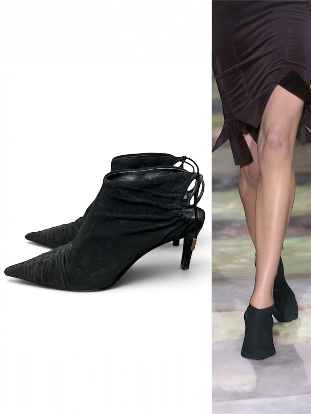 Gucci Tom Ford 2004 Runway Black Suede Ruched Ankle Booties Tie Back Size 7